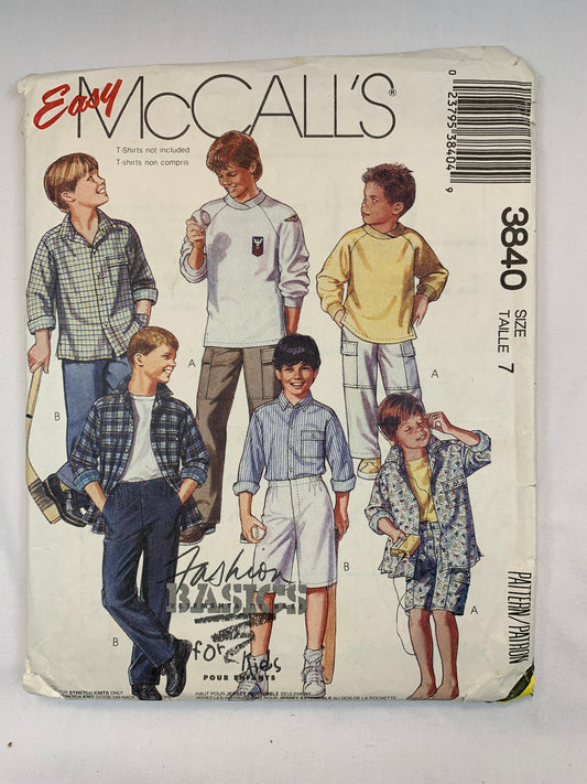 McCall's 3840 Boys' Shirt, Tops, Pants, Shorts, Size 7, Cut, Vintage 1988