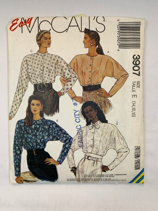 McCall's 3907 Misses' Blouse, Size 14-16, Cut, Vintage 1988