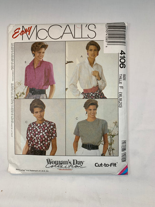 McCall's Sewing Pattrn 4106 Misses' Blouse, 4 Variations, Long/Short Sleeves, Button Front, Shoulder Pads, Pullover, Size 16-20, Uncut, Vintage 1989