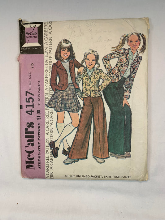McCall's Girls' Unlined Jacket, Skirt, Pants, Size 10, Cut, Vintage 1974
