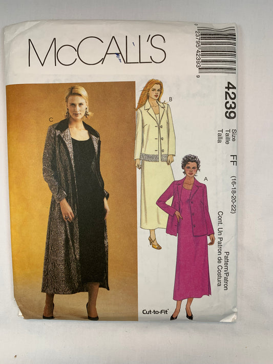 McCall's 4239 Misses'/Miss Petite Unlined Jacket, Duster, Skirt, Size 16-20, Cut, 2003