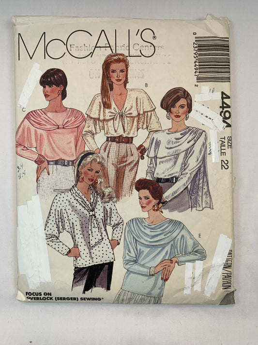 McCall's 4494 Misses' Tops, Scarfs, Size 22, Cut, Vintage 1989