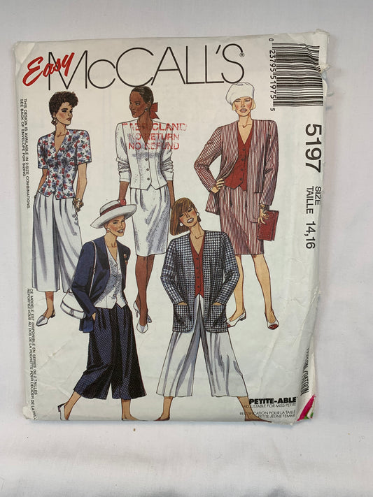 McCall's 5197 Misses' Unlined Jacket, Blouse, Skirt, Culottes, Size 14-16, Uncut, Vintage 1991