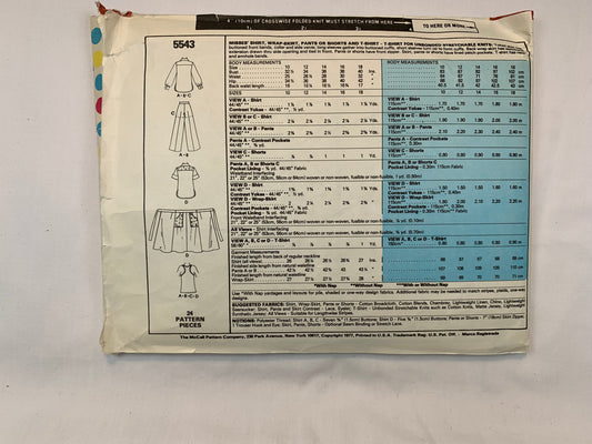 McCall's 5543 Misses' Shirt, T-Shirt, Pants, Shorts, Wrap Skirt, Size 10, Cut, Vintage 1977