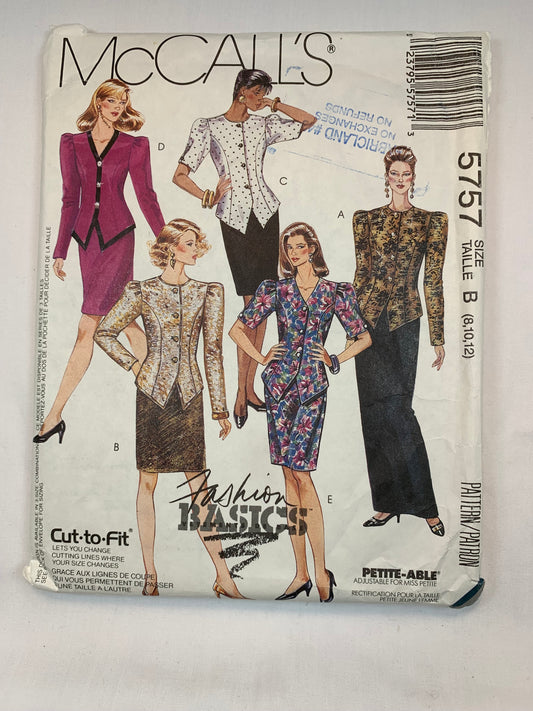 McCall's 5757 Misses' Two Piece Suit, Lined Jacket, Size 8-12, Cut, Vintage 1992