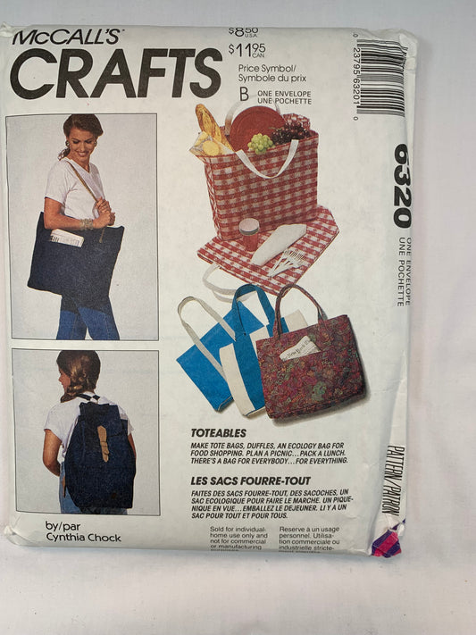 McCall's 6320 Crafts Tote Bags, Food, Duffle, Lunch,, Uncut, Vintage 1993