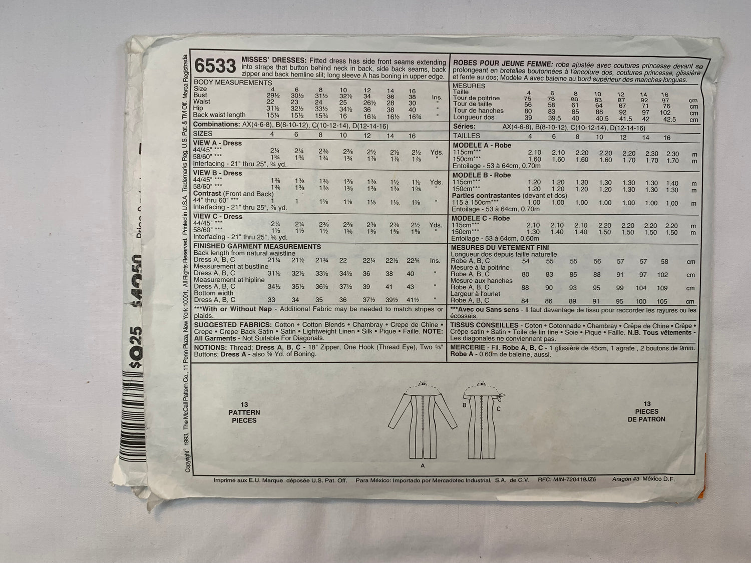 McCall's 6533 Misses' Dress. Size 14-16, Cut, Vintage 1993