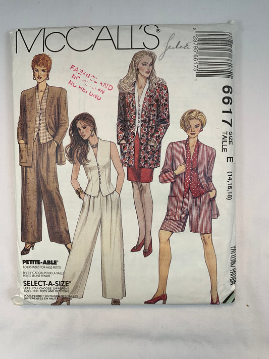 McCall's Misses' Unlined Jacket, Top, Pants, Shorts, Skirt, Size 14-18, Vintage 1993