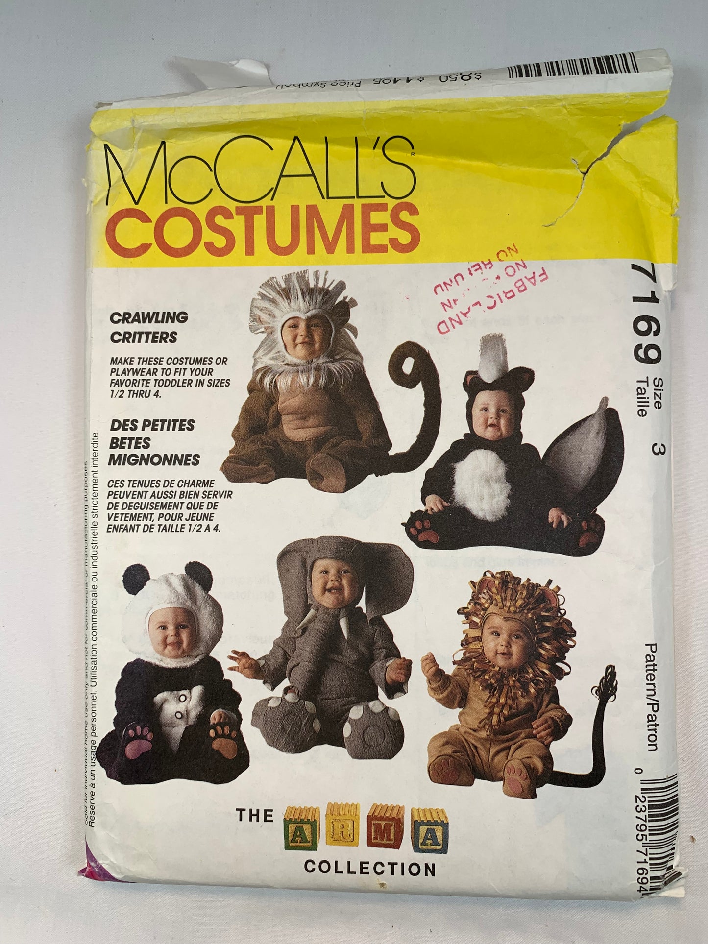 McCall's 7169 Crafts Animal Costumes Toddlers' Boys', Girls', Skunk, Lion, Monkey, Elephant, Panda, Size 3, Cut, Vintage 1994