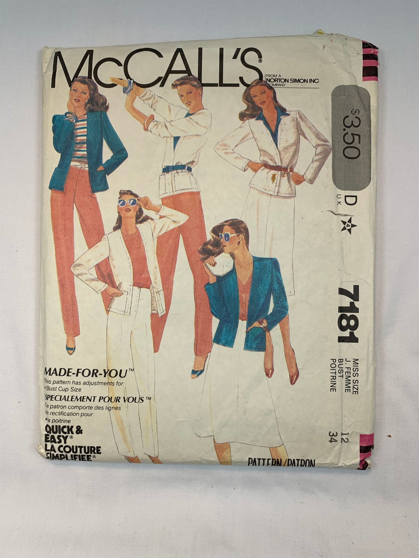 McCall's 7181 Misses' Jacket, Pants, Skirt, Size 12, Cut, Vintage 1980