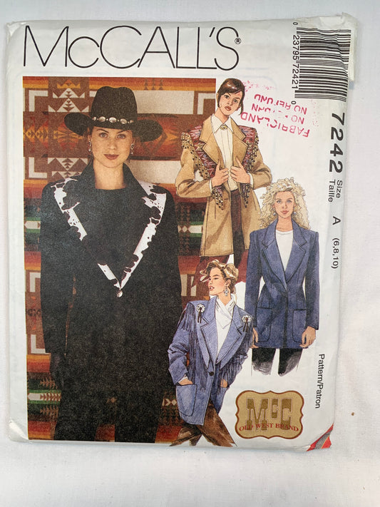 McCall's 7242 Misses' Western Unlined Jacket, Shawl, Size 6-10, Uncut, Vintage 1994