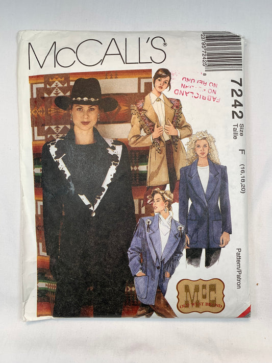 McCall's 7242 Misses' Western Unlined Jacket, Shawl, Size 16-20, Uncut, Vintage 1994
