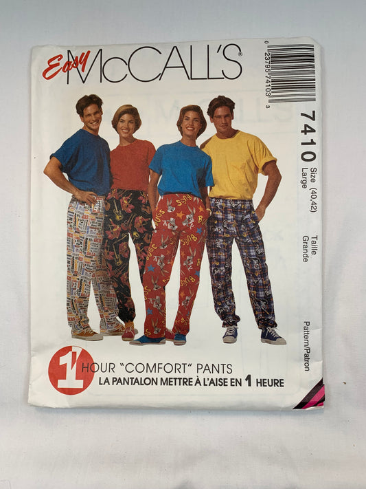 McCall's Sewing Pattern 7410 Misses'/Men's, Pants, Elastic Waist, Pull-On, Pockets, Size 40-42, Uncut, Vintage 1994