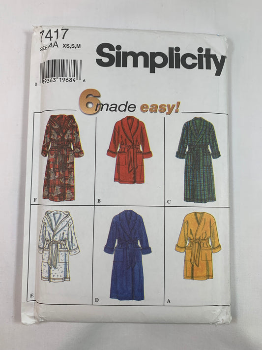 Simplicity Sewing Pattern 7417 Misses'Men's/Teens Robe, Housecoat, Long Sleeves, Tie Belt, Front Wrap, Two Lengths, Pocketsm Size 30-40, Uncut, Vintage 1996