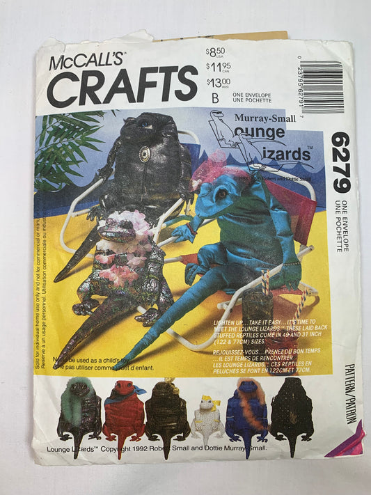 McCall's Sewing Pattern 6279 Crafts, Lounge Lizards, Stuffed Reptiles, 49 and 31 Inche Sizes, Uncut, Vintage 1992