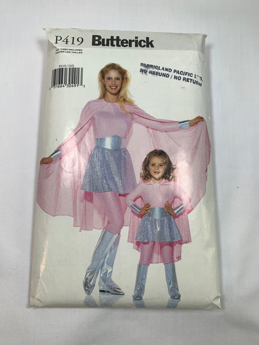 Butterick Sewing Pattern P419 Misses'/Girls' Costumes, Halloween, Super Hero, Fitted, Pullover, Cape, Skirt, Belt, Boots, Girls' Size 2-8, Misses' Size 6-18, Cut, Vintage 1999