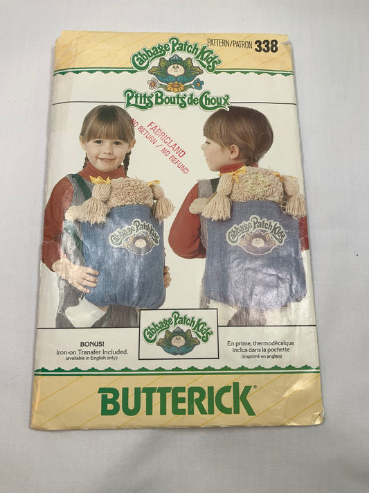 Butterick Sewing Pattern 338 Cabbage Patch Kids Backpacks, Shoulder Straps, Fastener Closing, Tote, Cut, Vintage 1984