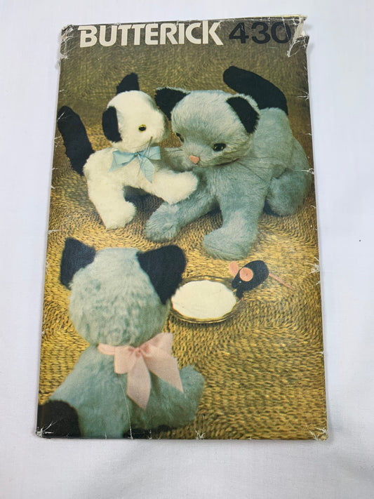 Butterick Sewing Pattern 430 Crafts Stuffed Animals, Toys Mother Cat, Kitten, Mouse, Cut, Vintage 1987