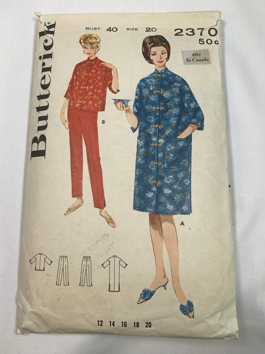 Butterick Sewing Pattern 2370 Misses' Oriental Robe, Lounging Pajamas, Mandarin Collar, Loose Sleeves, Size 20, Cut, Vintage 1980
