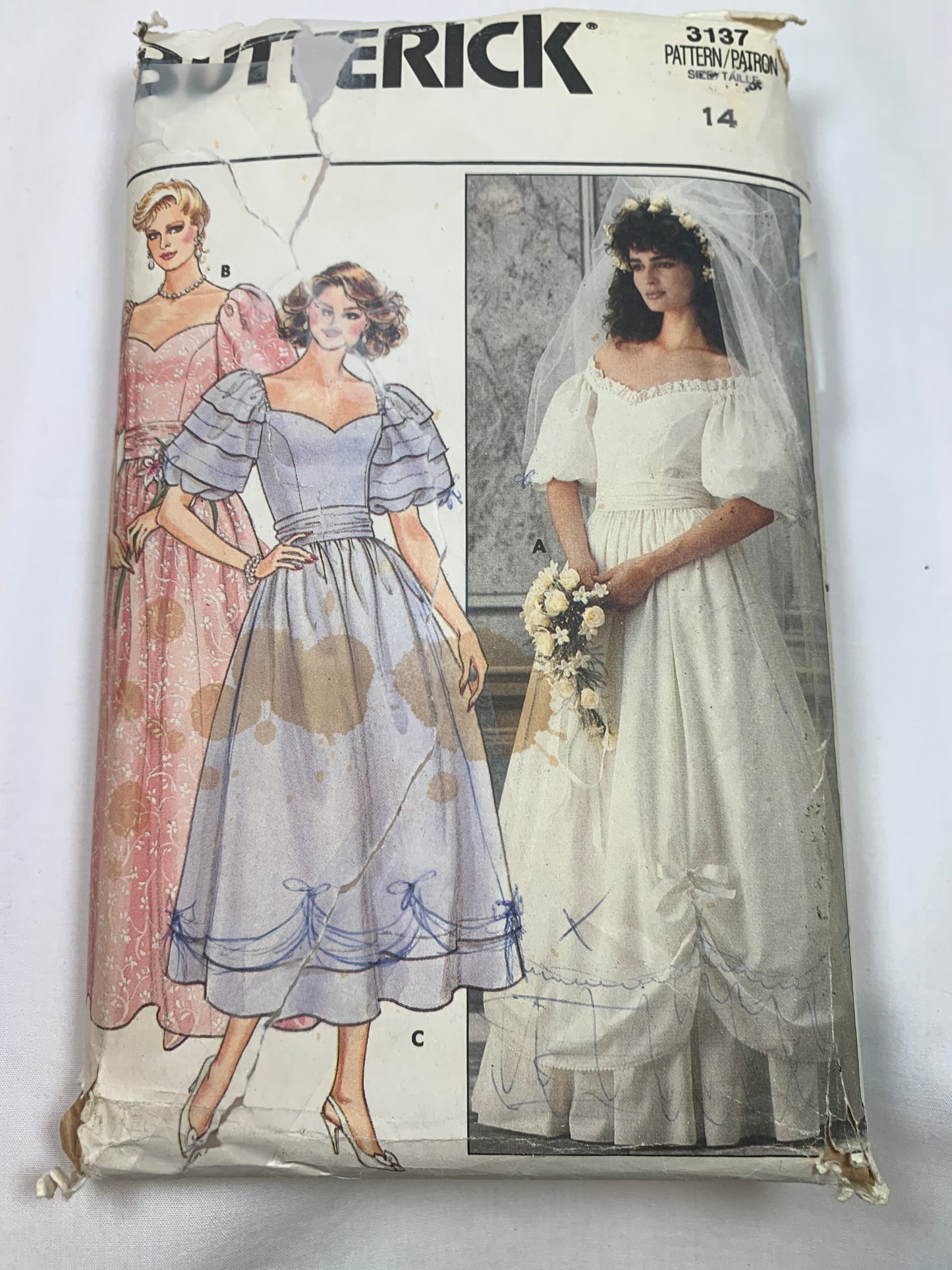 Butterick Sewing Pattern 3137 Misses' Bridal Gowns, Bridesmaids' Dress, Two Lengths, Princess seams, Flared Skirt, Zipper Back, Size 14, Cut, Vintage 1986
