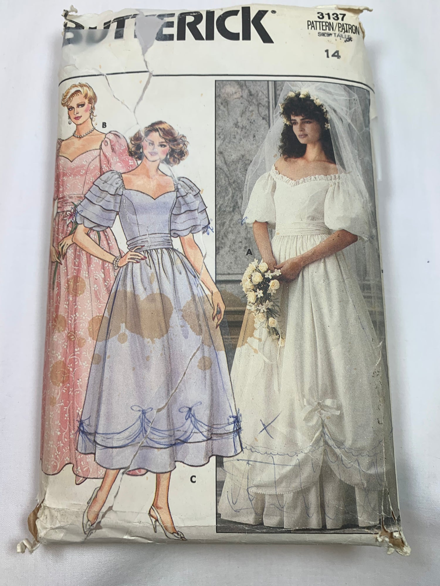 Butterick Sewing Pattern 3137 Misses' Bridal Gowns, Bridesmaids' Dress, Two Lengths, Princess seams, Flared Skirt, Zipper Back, Size 14, Cut, Vintage 1986