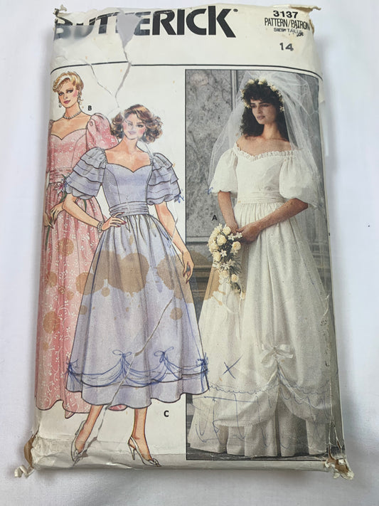 Butterick Sewing Pattern 3137 Misses' Bridal Gowns, Bridesmaids' Dress, Two Lengths, Princess seams, Flared Skirt, Zipper Back, Size 14, Cut, Vintage 1986