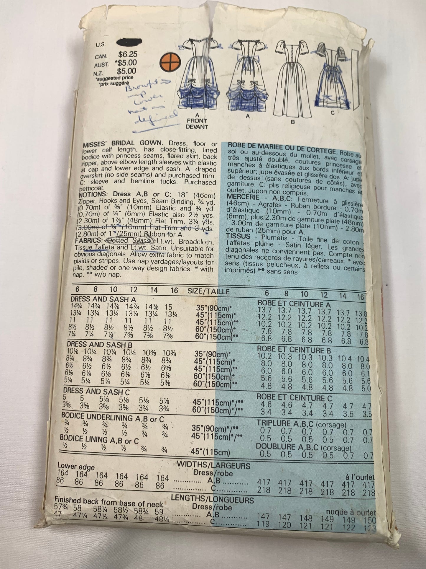 Butterick Sewing Pattern 3137 Misses' Bridal Gowns, Bridesmaids' Dress, Two Lengths, Princess seams, Flared Skirt, Zipper Back, Size 14, Cut, Vintage 1986