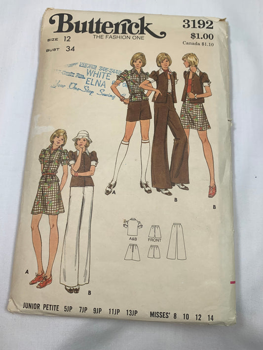 Butterick Sewing Pattern 3192 Misses' Junior Petite Top, Shorts, Skirt, Pants, Fitted, Button Front, Collar, Short Sleeves, Size 12, Cut, Vintage 1976