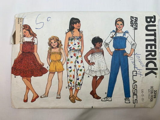 Butterick Sewing Pattern 3259 Girls' Dress, Jumpsuit, Two Lengths, Loose-Fitting, Shoulder Straps, Elastic Waist, Size 4-6, Cut, Vintage 1985