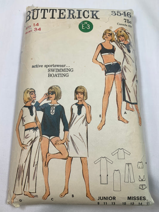 Butterick Sewing Pattern 3546 Girls' Two Piece Swimsuits, Bell-Bottoms, Cover-Up, Loose-Fitting, Tops, Pants, Side Slits, Elastic Waist, Long/Short Sleeves, Size 14, Uncut, Vintage 1960