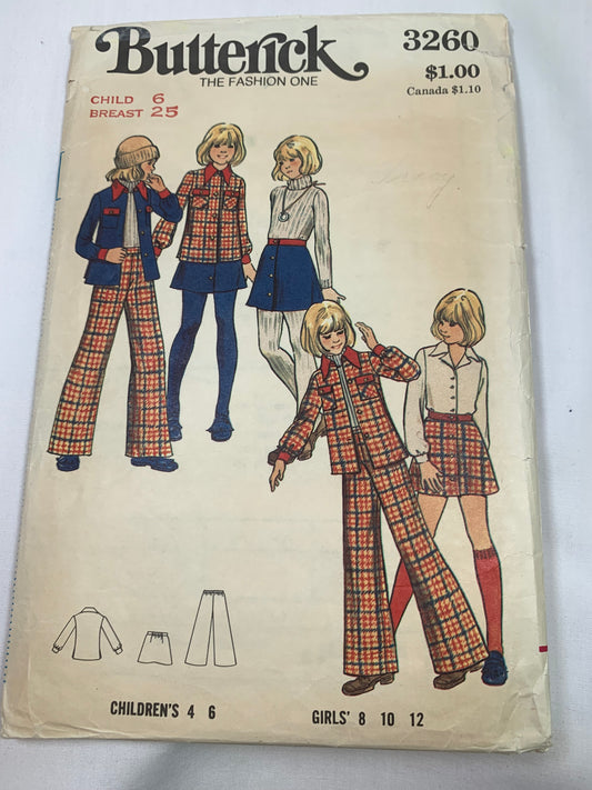 Butterick Sewing Pattern 3260 Girls' Jacket, Pants, Skirt, Button Front, Long Sleeves, Pockets, Bell-Bottom, Semi-Fitted, Size 6, Cut, Vintage 1970