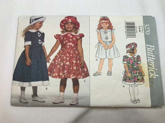 Butterick Sewing Pattern 3270 Girls' Dress, Two Lengths, Collar, Semi-Fitted, Dirndl Skirt, ,Ruffles, Zipper, Tie Ends, Size 5-6X, Cut, Vintage 1994