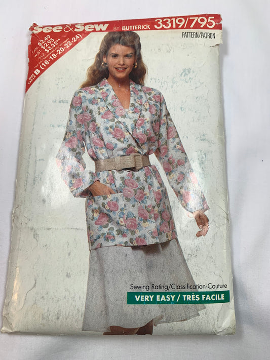 Butterick Sewing Pattern 3319 Misses' Jacket, Top, Skirt, Loose-Fitting, Shoulder Pads, Shawl Collar, Size 16-20, Cut, Vintage 1989