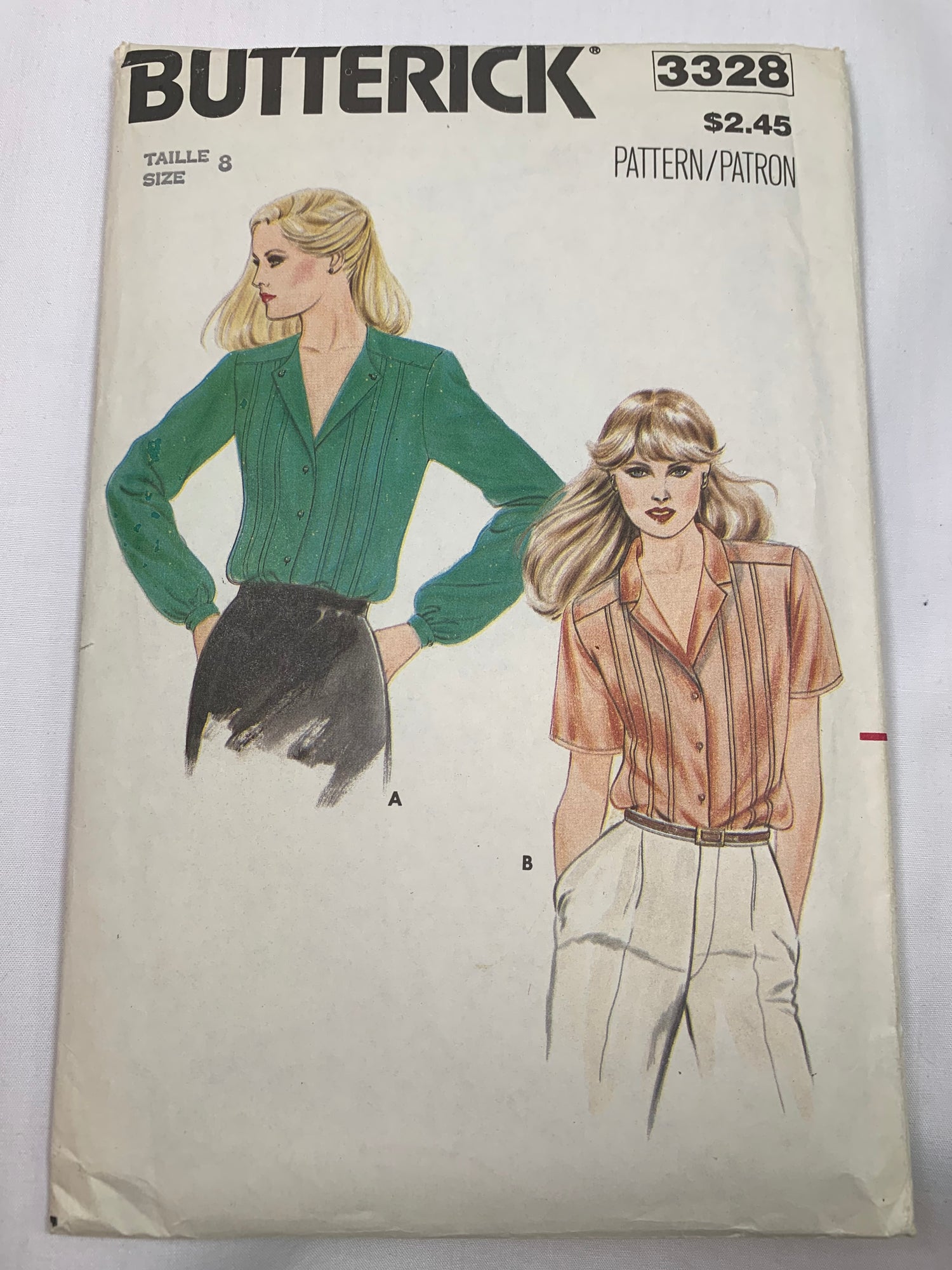 Butterick Sewing Pattern 3328 Misses' Blouses, Shirts, Loose-Fitting, Button Front, 2 Variations, Long/Short Sleeves, Collar, Size 8, Cut, Vintage 1987