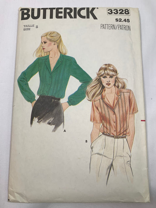 Butterick Sewing Pattern 3328 Misses' Blouses, Shirts, Loose-Fitting, Button Front, 2 Variations, Long/Short Sleeves, Collar, Size 8, Cut, Vintage 1987