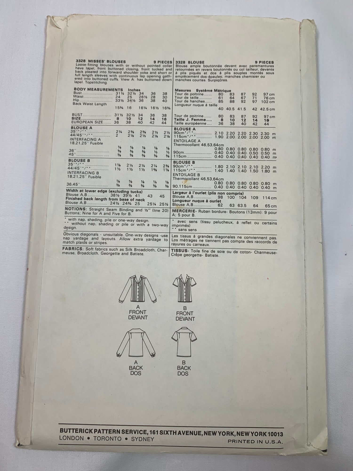 Butterick Sewing Pattern 3328 Misses' Blouses, Shirts, Loose-Fitting, Button Front, 2 Variations, Long/Short Sleeves, Collar, Size 8, Cut, Vintage 1987