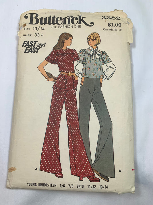 Butterick Sewing Pattern 3382 Misses' Junior Teen Tops, Pants, Loose-Fitting, Two Lengths, Short Sleeves, Pockets, Zipper, Size 13-14, Cut, Vintage 1970