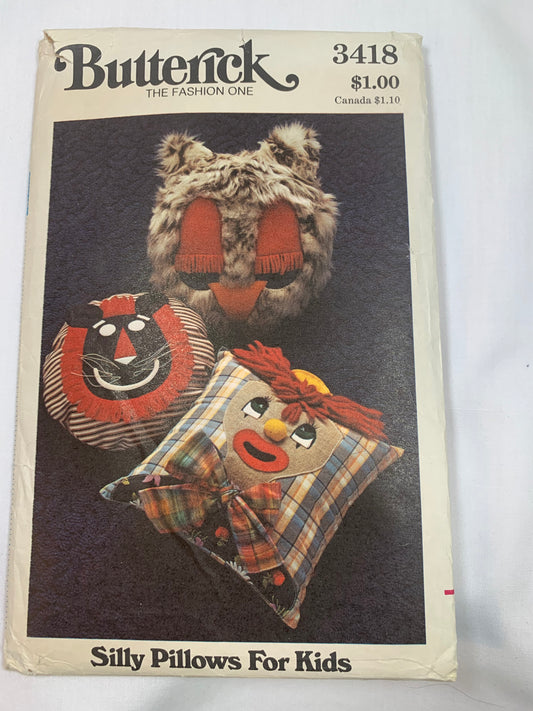 Butterick Sewing Pattern 3418 Crafts, Pillows, 3 Variations, Ruffles, Round, Lion, Owl, Clown, Cut, Vintage 1992