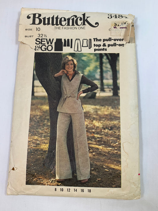 Butterick Sewing Pattern 3484 Misses' Top, Pants, Pullover, Tie Belt, Straight Leg, Elastic Waist, Pull-On, Size 10, Cut, Vintage 1987