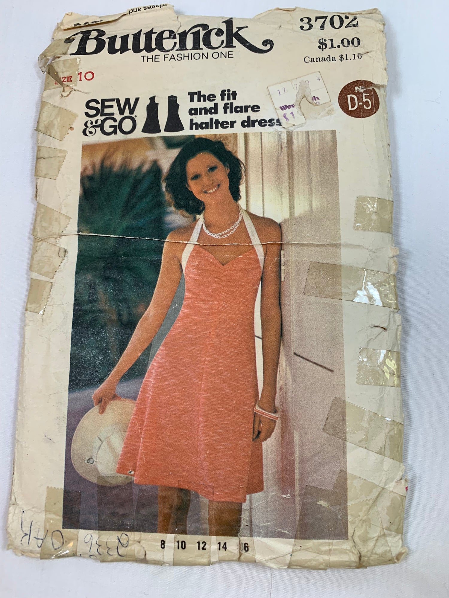 Butterick Sewing Pattern 3702 Misses' One-Piece Halter Dress, Fitted, Slightly Flared, Ties, Size 10, Cut, Vintage 1970
