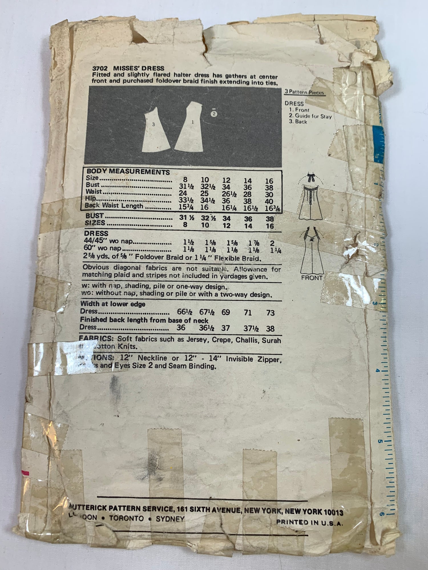 Butterick Sewing Pattern 3702 Misses' One-Piece Halter Dress, Fitted, Slightly Flared, Ties, Size 10, Cut, Vintage 1970