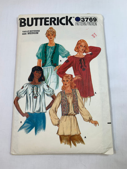 Butterick Sewing Pattern 3769 Misses' Blouse, Vest, Loose-Fitting, Sleeveless, Two Lengths, Long/Short Sleeves, Ruffle, Pullover, Size 12-14, Cut, Vintage 1973