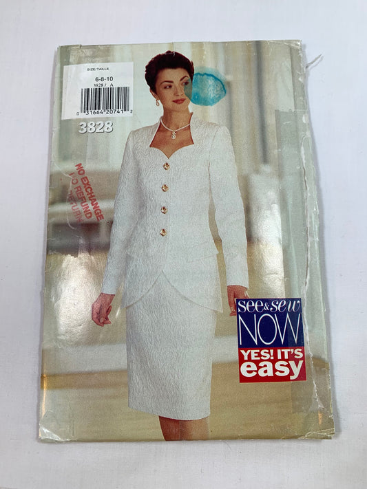 Butterick Sewing Pattern See & Sew 3828 Misses' Top, Skirt, Loose-Fitting, Long Sleeves, Zipper Back, Shoulder Pads, Back Zipper, Size 6-10, Uncut, Vintage 1994