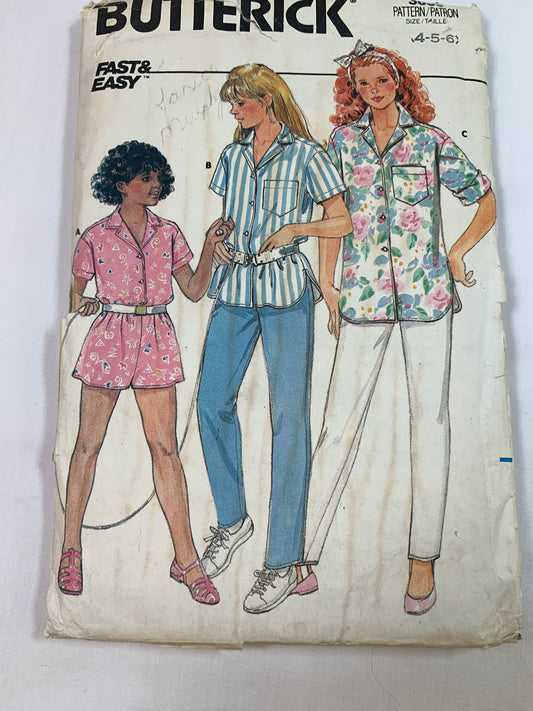 Butterick Sewing Pattern 3839 Girls' Shirt, Shorts, Pants, Loose-Fitting, Long/Short Sleeves, Elastic Waist, Button Front, Pockets, Size 4-6, Cut, Vintage 1986