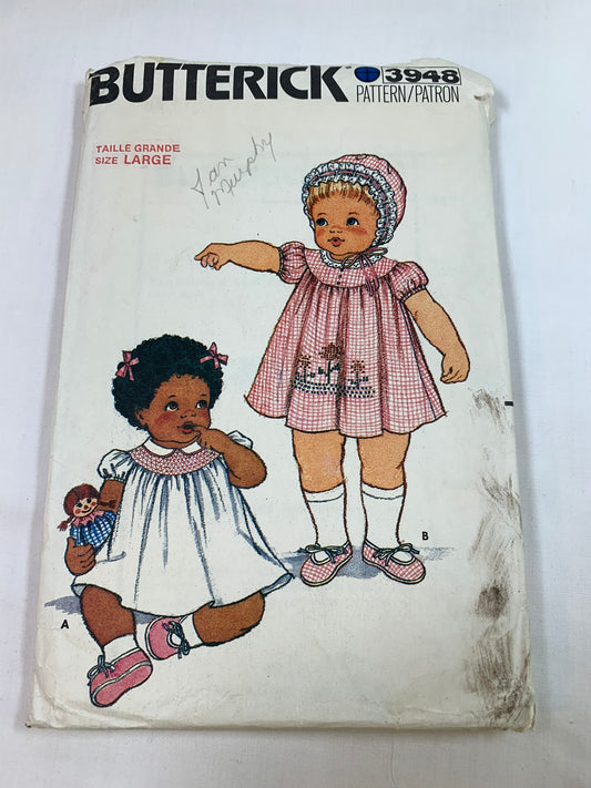 Butterick Sewing Pattern 3948 Baby/Infant Dress, Panties, Bonnet, Slippers, Embroidery Transfers, Loose-Fitting, Shorts Sleeves, Button Back, Size10-12 Pounds, Cut, Vintage 1989