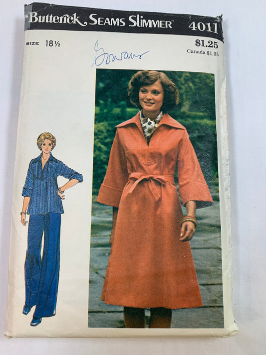 Butterick Sewing Pattern 4011 Misses' Pants, Tunic, Dress, Belt, Half Size, Semi-Fitted, Long Kimono Sleeves, Elastic Waist, Size 18 1/2, Cut, Vintage 1970