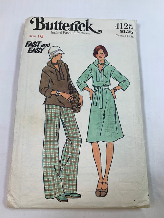 Butterick Sewing Pattern 4125 Misses' Pants, Tunic, Dress, Belt, Loose-Fitting, Long Sleeves, Pullover, Two Lengths, Zipper Back, Size 18, Cut, Vintage 1970