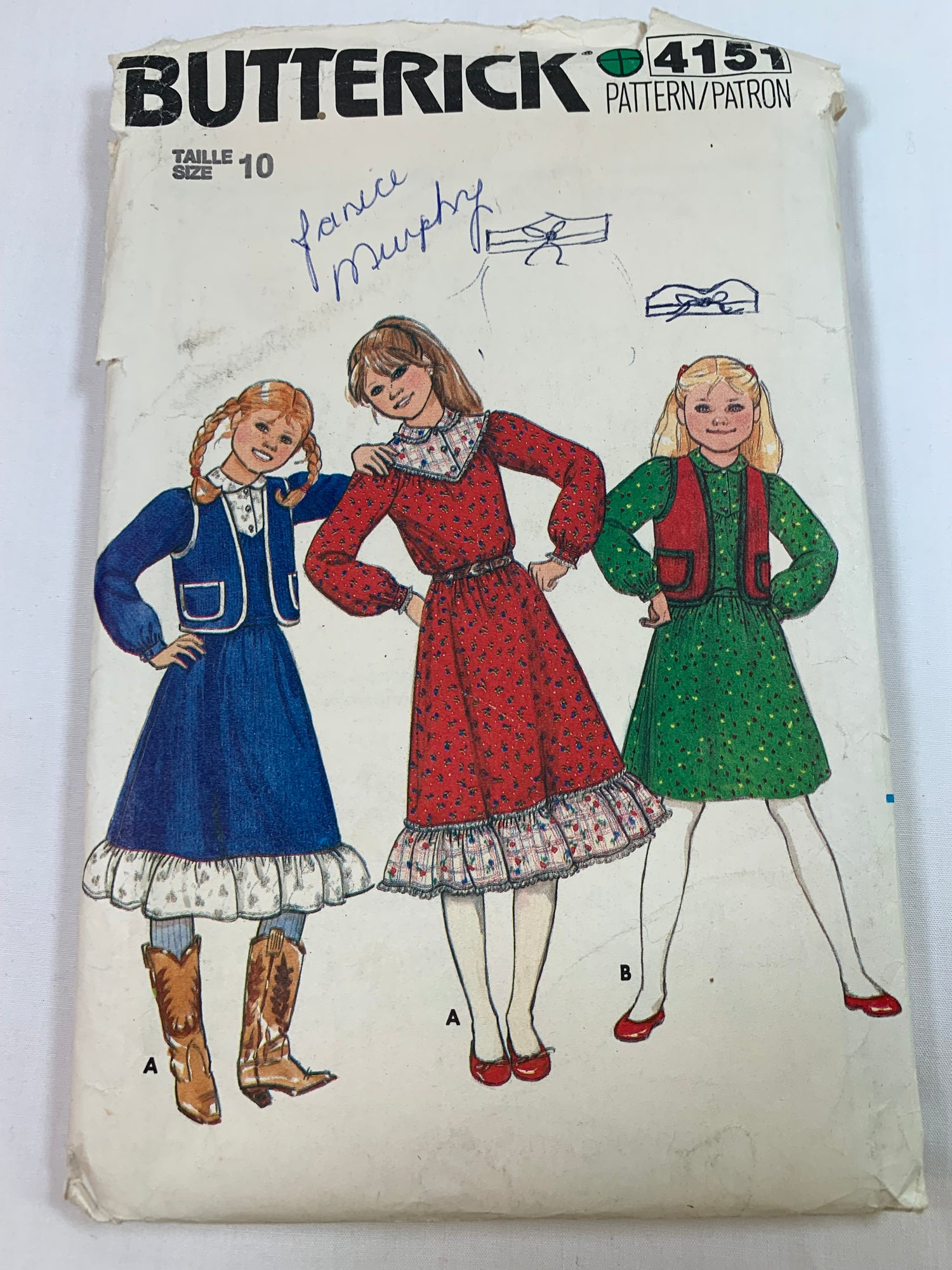 Butterick Sewing Pattern 4151 Girls' Vest, Blouse, Skirt, Loose-Fitting, Long Sleeves, Ruffles, Western, Zipper Back, Flared Skirt, Size 10, Cut, Vintage 1987