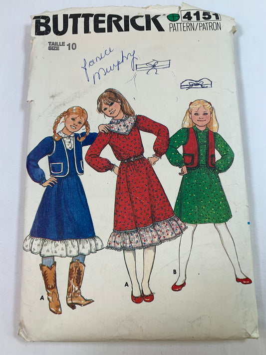 Butterick Sewing Pattern 4151 Girls' Vest, Blouse, Skirt, Loose-Fitting, Long Sleeves, Ruffles, Western, Zipper Back, Flared Skirt, Size 10, Cut, Vintage 1987