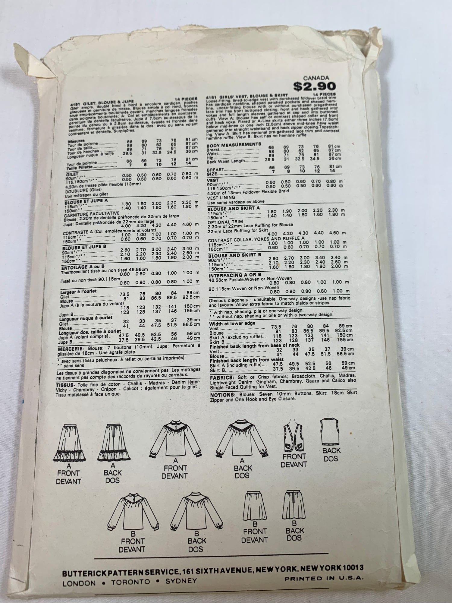 Butterick Sewing Pattern 4151 Girls' Vest, Blouse, Skirt, Loose-Fitting, Long Sleeves, Ruffles, Western, Zipper Back, Flared Skirt, Size 10, Cut, Vintage 1987